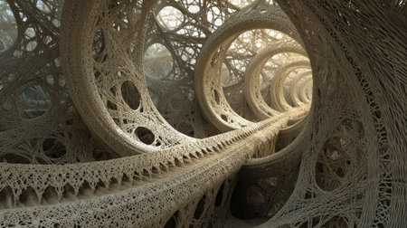 An intricate 3D structure showcasing complex patterns and endless pathways. The interplay of light and shadow creates a mesmerizing visual experience in abstract art.の素材