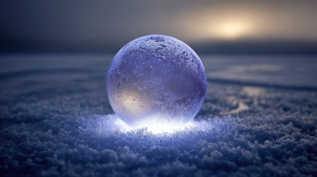 A captivating ice sphere glows softly on a frosty surface, surrounded by a serene winter landscape at dusk. The ethereal light creates magic.の素材