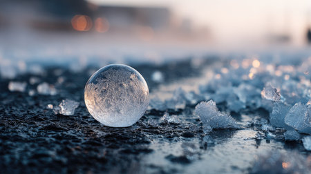 This stunning image showcases a crystal-clear ice bubble resting on a frosty surface, surrounded by delicate snowflakes. The scene evokes the essence of winter, highlighting natural beauty and tranquility.の素材