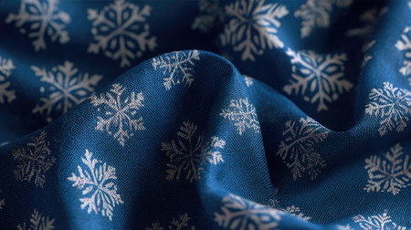 Beautiful close-up of elegant blue fabric featuring white snowflake patterns. Perfect for winter dの素材