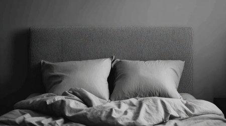 A serene minimalist bedroom featuring soft pillows and lightly wrinkled bedding against a calming gray background, inviting relaxation and comfort.の素材