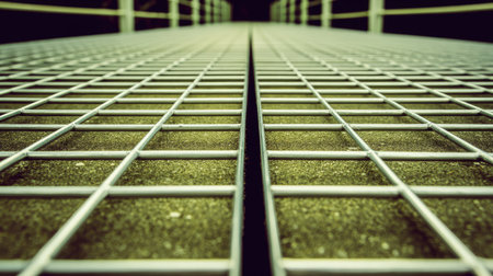 A captivating close-up view of a grid pattern on a modern walkway, showcasing intricate details and textures that highlight urban architecture.の素材