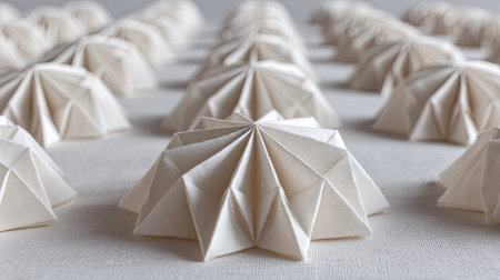 This image showcases intricate white origami designs arranged in a structured pattern on a minimalist background, highlighting the beauty of craftsmanship.の素材