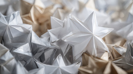 A close-up view of beautiful origami stars crafted from paper in silver, white, and gold colors. The serene background creates a festive atmosphere ideal for holiday decorations and creative projects.の素材