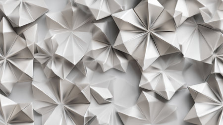 This image features an artistic arrangement of intricately folded paper pieces, creating a visually striking abstract pattern in subtle monochrome tones.の素材