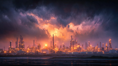 A captivating view of a refinery at night, showcasing an intricate network of illuminated structures under a dramatic stormy sky, emphasizing industry and technology.の素材