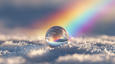 A mesmerizing crystal sphere rests on a bed of soft snow, reflecting an array of vibrant colors including a gentle rainbow, creating a serene winter scene.の素材