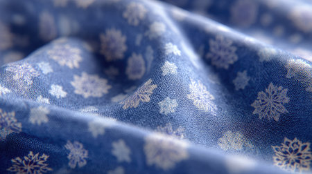This image showcases a close-up of soft blue fabric adorned with delicate snowflake patterns, perfect for winter-themed designs and cozy projects.の素材