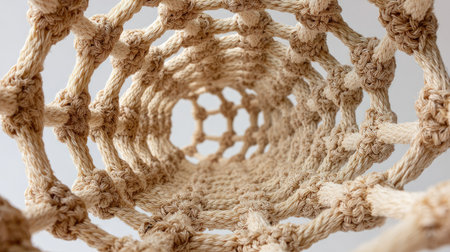 This close-up image showcases an intricate macrame design, featuring a series of finely crafted knots and circular patterns. The artwork emphasizes a natural, neutral color palette that enhances its decorative appeal, making it ideal for home decor projects.の素材