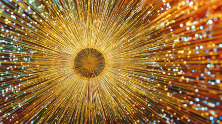 This vibrant image features a radiant burst of golden light, enhanced by sparkling particles, creating an eye-catching dynamic background perfect for artistic projects.の素材