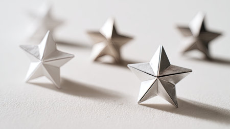 A stunning arrangement of shiny metal stars on a neutral background creates a captivating visual composition perfect for artistic and decorative projects.の素材