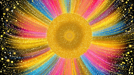 A vibrant abstract representation of a cosmic sunburst, featuring colorful rays and sparkling stars against a dark background, perfect for artistic projects.の素材