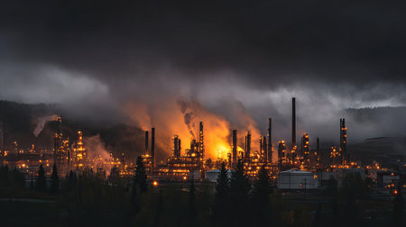 A stunning industrial scene capturing the dramatic interplay of flames and smoke at an oil refinery. The dark stormy sky enhances the intense atmosphere, illuminating the structures with a captivating glow.の素材