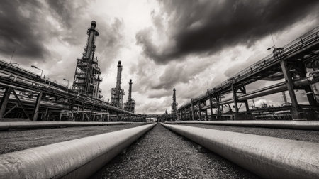 A striking black and white photograph showcasing an industrial refinery with towering structures and prominent pipes under a dramatic cloudy sky.の素材