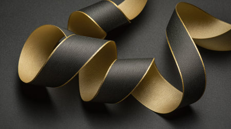 This image showcases an elegant black and gold ribbon elegantly twisted on a dark surface, perfect for decorative projects and celebrations.の素材