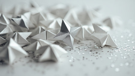 A collection of decorative paper stars in white and silver hues scattered across a soft surface, creating a cheerful and festive mood ideal for events.の素材