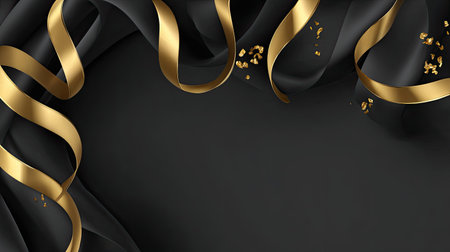 This striking background features elegant black fabric adorned with flowing gold ribbons and scattered confetti, ideal for festive celebrations. The combination creates a sophisticated and luxurious atmosphere, perfect for event invitations, social media graphics, or promotional materials.の素材