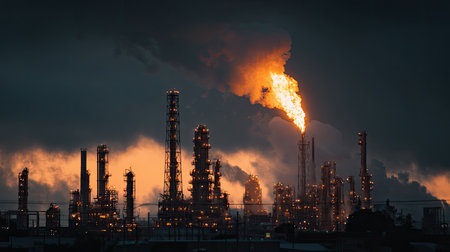 A dramatic industrial scene featuring a refinery with towering smoke stacks and a vibrant flame against a moody, darkening sky, depicting energy production.の素材