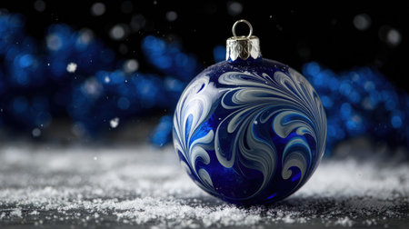 A stunning close-up of a blue and white swirled Christmas ornament resting on a snowy surface, with sparkling decorations creating a festive atmosphere.の素材