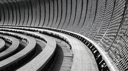 This image showcases an abstract view of curved lines and textured surfaces, emphasizing modern architectural design and geometric patterns.の素材