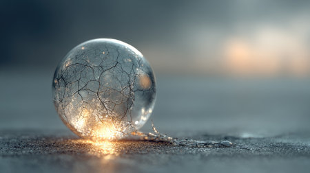 A stunning close-up of a cracked soap bubble resting on a surface, capturing light reflections and textures in a dreamy, atmospheric setting.の素材
