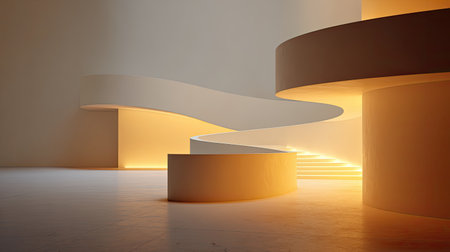 A stunning example of modern architecture showcasing a beautifully curved staircase bathed in warm ambient light. This image captures the essence of minimalism and elegance, creating a tranquil and inviting atmosphere ideal for design inspiration.の素材