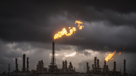 This striking image captures an industrial oil refinery silhouetted against dramatic dark clouds. Flames erupt from gas flares, showcasing energy production and the complex infrastructure of power generation.の素材