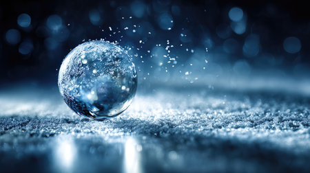 A stunning ice sphere rests on a frosty surface, surrounded by twinkling snowflakes and illuminated by a soft blue light, evoking tranquility and elegance.の素材