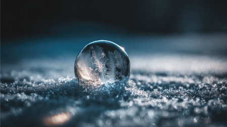Stunning close-up of an ice bubble showcasing intricate frozen patterns resting on a soft snowy surface, highlighting the beauty of winter.の素材