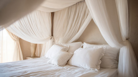 This inviting bedroom features soft drapes and elegant pillows, creating a serene atmosphere. Perfect for relaxation, it embodies tranquil elegance.の素材