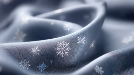 Capture the essence of winter with this soft blue fabric showcasing delicate white snowflakes, perfect for seasonal decorations or backgrounds.の素材