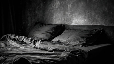 A serene black and white image of a minimalist bedroom, featuring cozy bedding and pillows on a soft bed against a textured wall. Ideal for relaxation themes.の素材