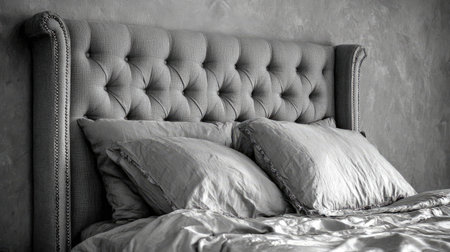 This image features a stylish gray tufted bed headboard adorned with soft pillows, creating a serene and inviting atmosphere in a cozy bedroom. Perfect for capturing comfort and elegance.の素材