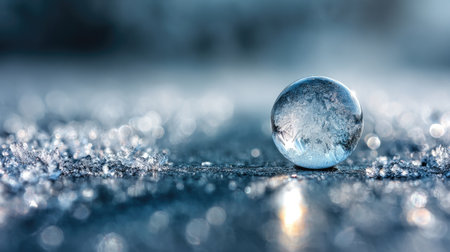 This stunning image features a clear ice sphere resting atop a frost-covered surface, surrounded by sparkling ice crystals, evoking a serene and tranquil winter scene.の素材