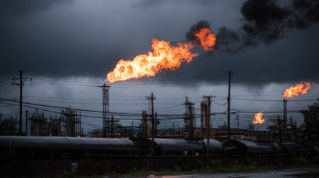 An industrial scene displays dramatic gas flares emitting bright flames against a backdrop of dark, ominous clouds. The atmosphere is charged with energy.の素材
