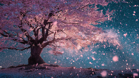A breathtaking scene of a majestic cherry blossom tree under a starry night sky, with petals softly falling around it, creating a peaceful, dreamy atmosphere.の素材