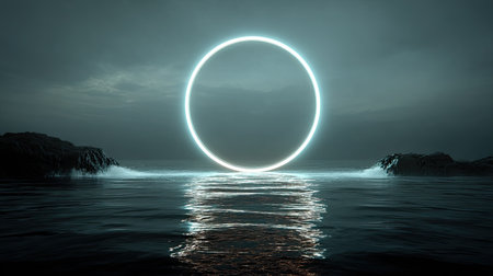A captivating scene of a glowing neon circle suspended over tranquil water at dusk, framed by rocky edges and an atmospheric sky, perfect for artistic themes.の素材