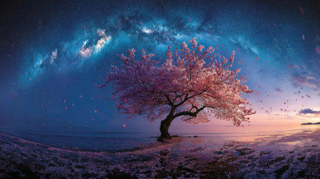 A stunning sakura tree stands majestically against a starry night sky filled with the magnificent Milky Way. The serene ocean reflects the beautiful scene, creating a tranquil atmosphere perfect for nature lovers.の素材