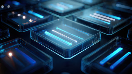 A stunning futuristic image featuring blue neon light patterns on transparent boxes. The glowing lines create depth and reflection, showcasing a modern design aesthetic.の素材