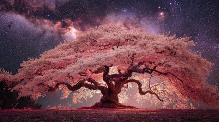 A stunning representation of a pink blossom tree bathed in an ethereal light under a starry night sky, showcasing nature's beauty and tranquility.の素材