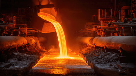 A captivating view of molten metal pouring from a furnace in a steel manufacturing facility, emphasizing the intense heat and industrial activity.の素材