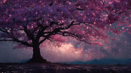 A stunning cherry blossom tree stands tall against a starry night sky, radiating soft pink hues and surrounded by sparkling lights, creating a whimsical atmosphere.の素材