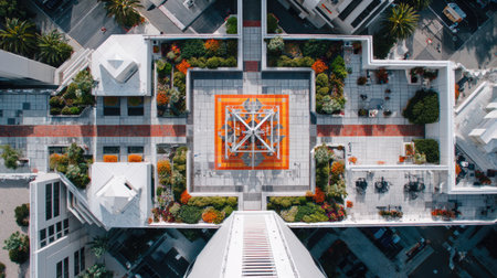 Stunning aerial view captures a modern urban rooftop garden featuring vibrant flowers and lush greenery, creating a serene oasis in the bustling city.の素材