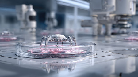 A robotic spider rests on a petri dish in a high-tech laboratory, surrounded by advanced machinery and glowing elements, symbolizing innovation in science.の素材