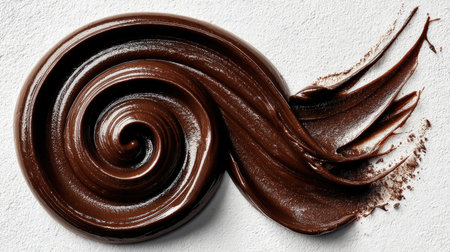 This captivating image showcases a rich dark chocolate swirl with a smooth texture against a clean white background, perfect for culinary and dessert design.の素材