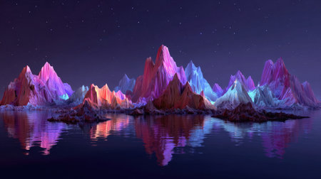 A breathtaking view of vibrant mountain peaks illuminated in pink and blue hues, reflected on a calm water surface under a starry night sky.の素材