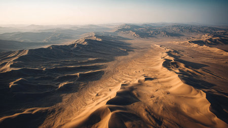 An expansive aerial view showcases the beauty of a desert landscape featuring rolling sand dunes bathed in warm golden light, highlighting nature's quiet majesty.の素材