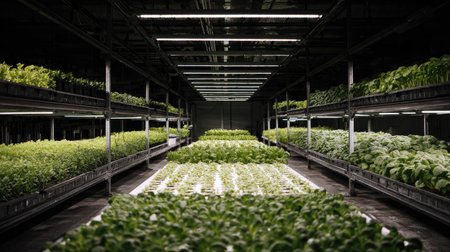 This image showcases an indoor vertical farm filled with rows of vibrant seedlings thriving under artificial lighting, representing innovation in sustainable agriculture.の素材