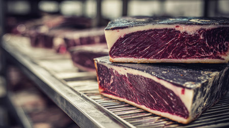 This image shows aged beef cuts displayed on metal shelves in a storage area. The rich marbling and vibrant color of the meat highlight its quality in a rustic setting.の素材