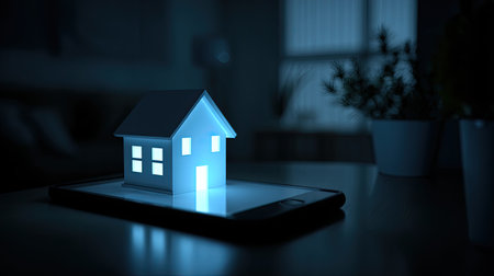 This image depicts a miniature house glowing softly on a smartphone screen in a dimly lit environment, illustrating the concept of smart home technology and innovation.の素材
